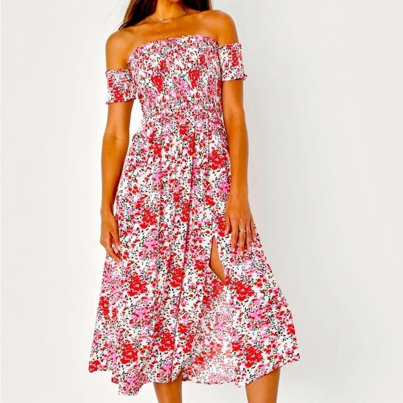 Lulus Dresses & Skirts - Lulus floral smocked bodice off shoulder midi dress. Pink/white Size Medium. NWT